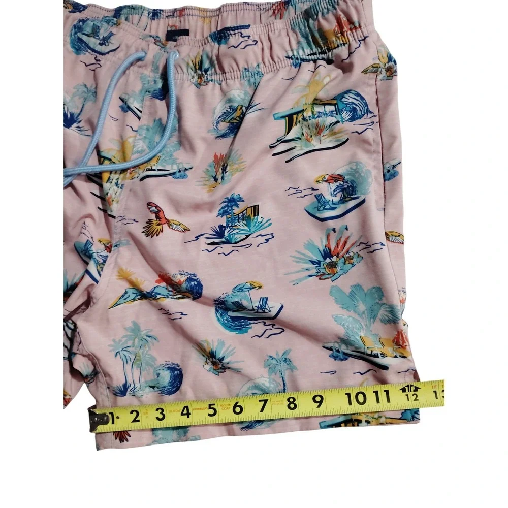 George Mens Swim Trunks Large Pink Tropical Parrot Palm Tree Print Elastic Waist